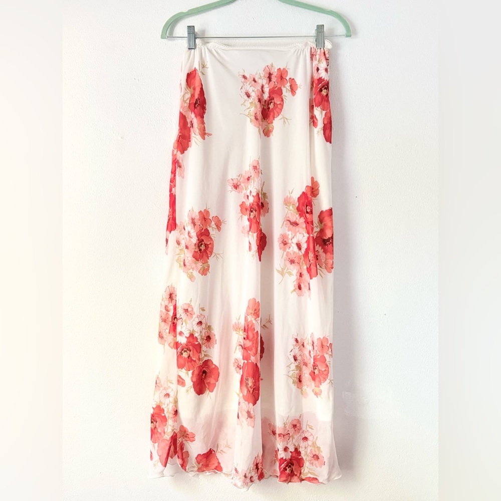 Vintage y2k M Collection Red, Pink, and White Floral Chiffon Maxi Skirt